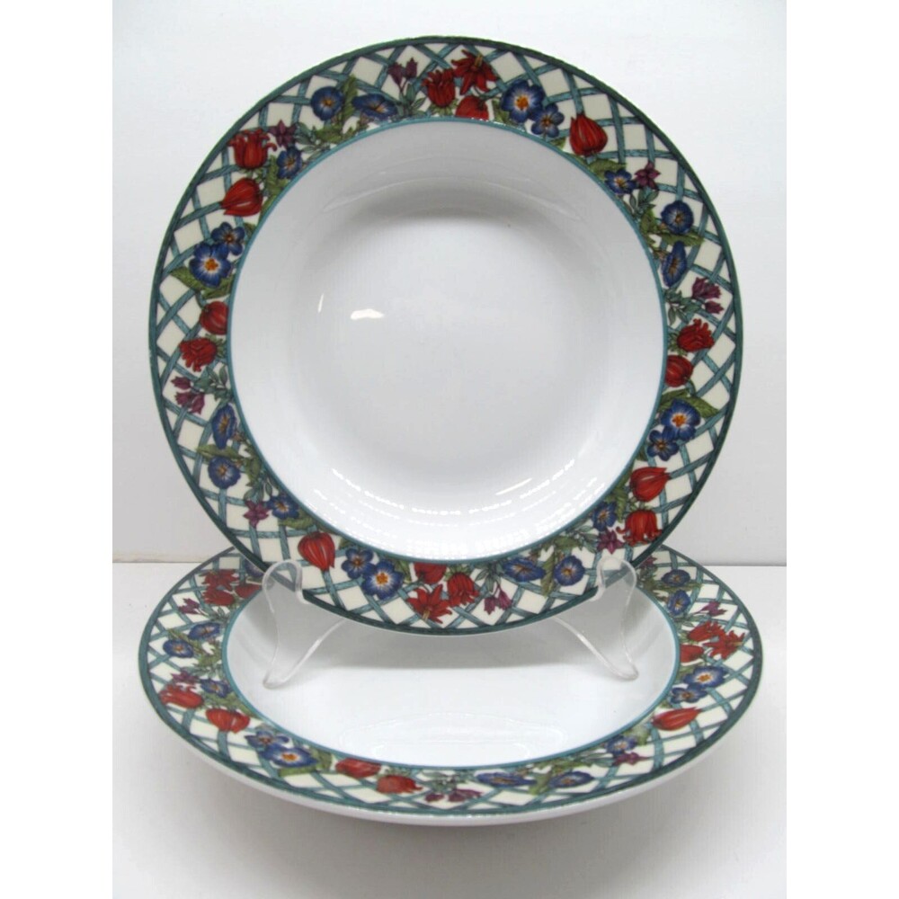 Dansk Nordic Garden Rim Soup Bowls - Lattice Flowers 8-3/4” Set of 2